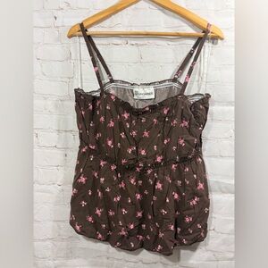 No Boundaries Brown Pink Floral Babydoll Camisole Top Womens Size Large (12-14)